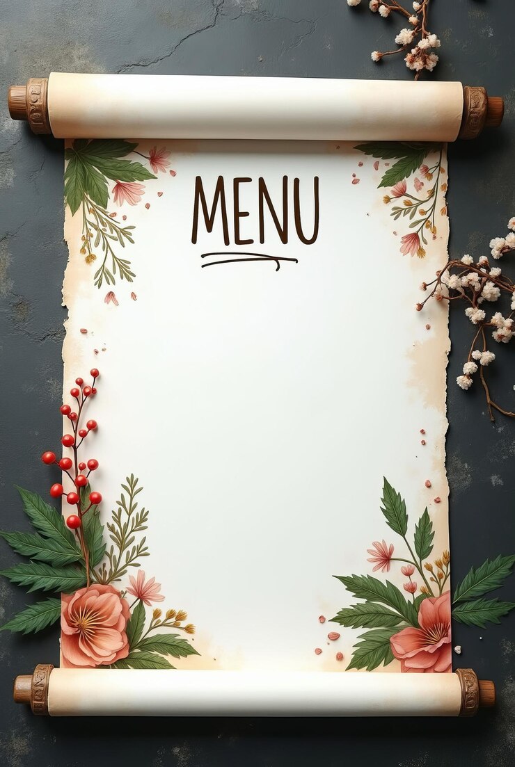 Menu élégant en forme de rouleau avec des accents floraux en tons chauds sur un fond foncé texturé concept de design vintage modèle de menu pour la Saint-Valentin pour l'espace de copie