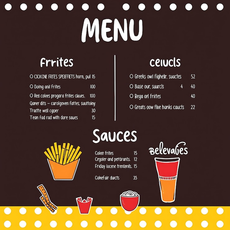 Photo menu de magasin de frites belge ludique avec des illustrations capricieuses idée de mise en page de menu pour les conceptions de marques