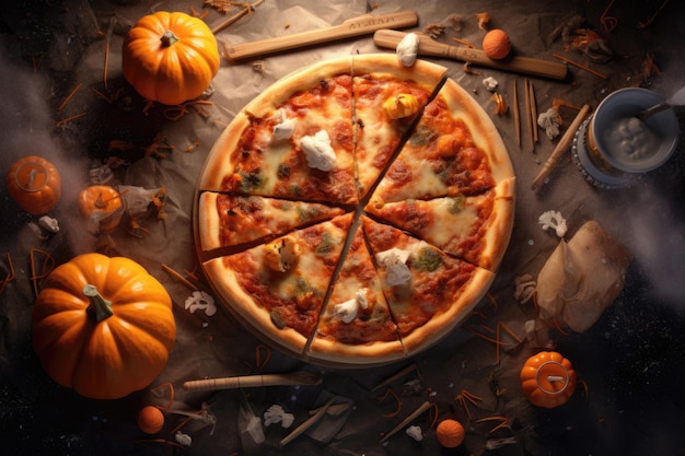 Menu de nourriture de vacances de pizza d'Halloween Jack Pumpkin sourit à côté de la pizza citrouilles d'Halloween avec le feu