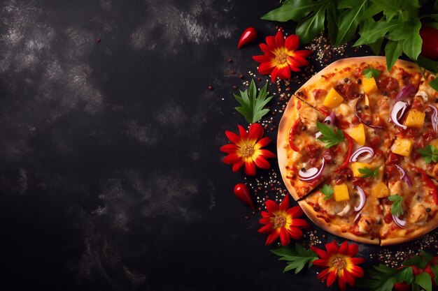 Menu de pizza délicieuse pizza traditionnelle italienne hawaïenne sur un fond de pierre foncée ou de béton