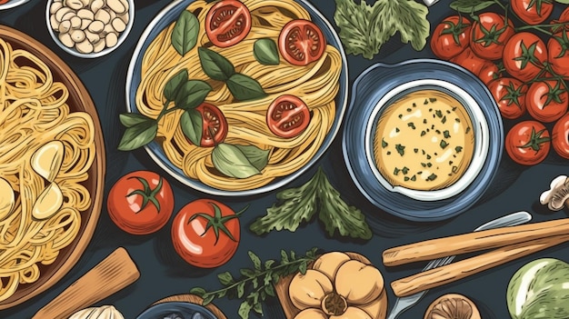 Le menu d'un restaurant italien en vue supérieure illustration Spaghetti et ravioli fond de table style gravé