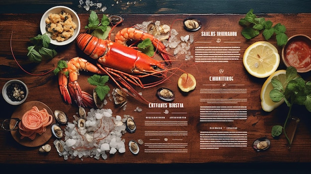 Un menu de restaurant pour les fruits de mer frais