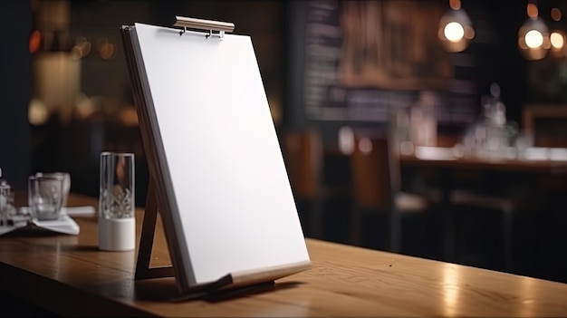 Menu vierge pour la promotion du marketing de texte Maquette Cadre de menu debout sur une table en bois dans l'espace du restaurant pour le texte