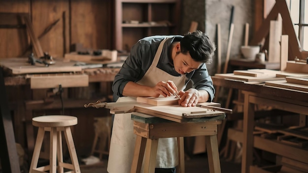 Un menuisier travaillant sur un banc de travail dans la petite menuiserie