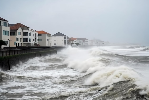 Mer Baltique orageuse avec grosses vagues et jetée en bois IA générative