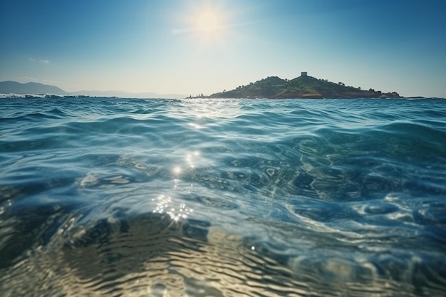 Une mer bleue avec une grande île en arrière-plan