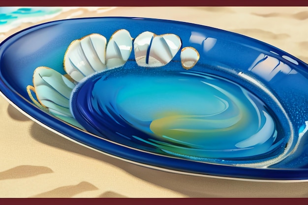 Mer bleue plage jaune paysage naturel arrière-plan assiette de fruits décoration papier peint illustration
