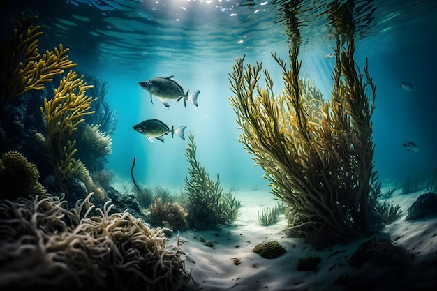 Une mer bleue avec un poisson qui y nage