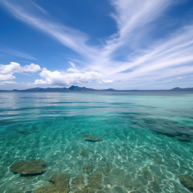 Une mer bleue avec quelques nuages et un ciel bleu