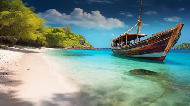 Photo mer des caraïbes et un bateau sur le rivage d'une île tropicale exotique