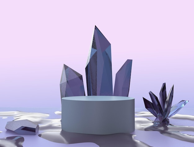 mer dans les montagnes de cristal violet podium d'affichage de produit abstrait avec rendu 3d de groupe de cristal