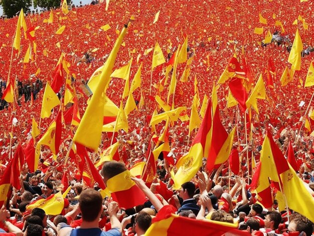 Une mer de drapeaux rouges et jaunes ondulent dans les airs alors que l'équipe espagnole célèbre sa victoire.