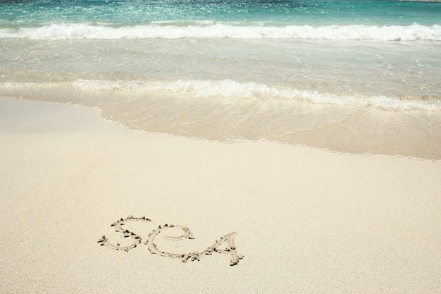 La mer d'inscription sur le sable et le bord de mer