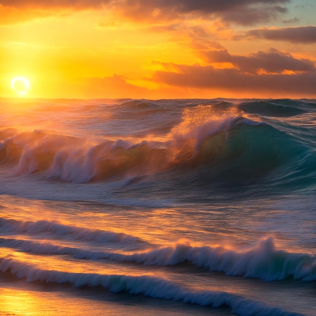 Une mer majestueuse d'ondes roulantes éclairées par un soleil couchant