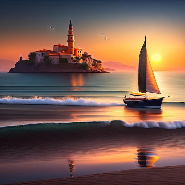 Mer Méditerranée au lever du soleil, petite vieille ville et yacht Illustration numérique