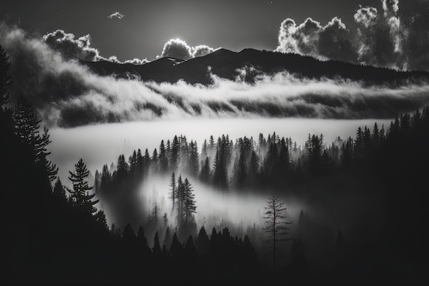 Mer de nuages au-dessus de la forêt Tons noir et blanc Illustration AI Générative