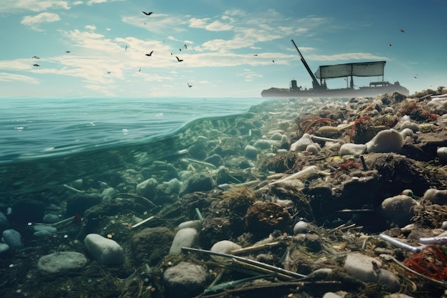 La mer polluée Concept de pollution mondiale Écologie du plastique Océans Eau de mer Pollution sous-marine Débris Problème mondial de l'écoAi généré