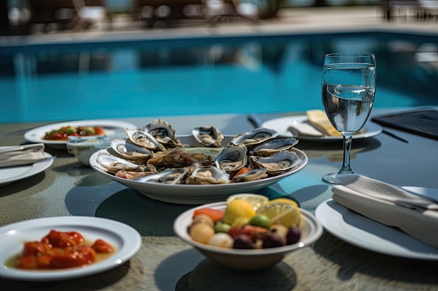 La mer Un repas au bord de la piscine de l'hôtel en été un style de vie idyllique à la plage