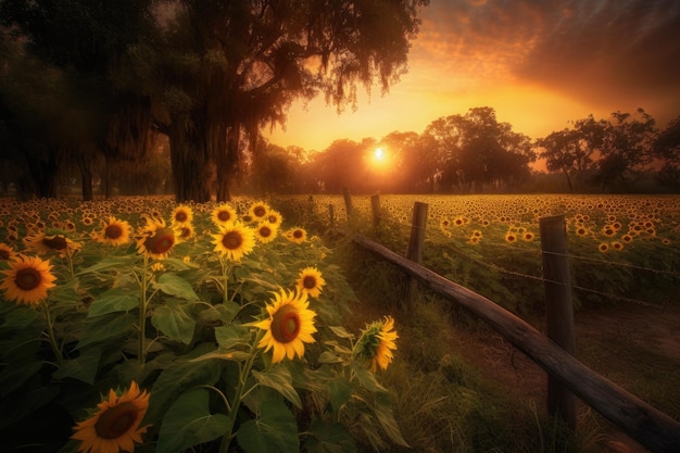 Mer de tournesols dorés dans un cadre rustique