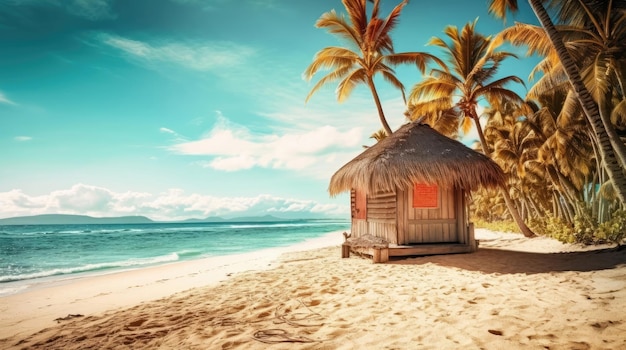 Mer tropicale avec une cabane sur la plage