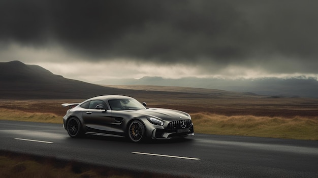 Une mercedes - amg gt r roule sur une route.