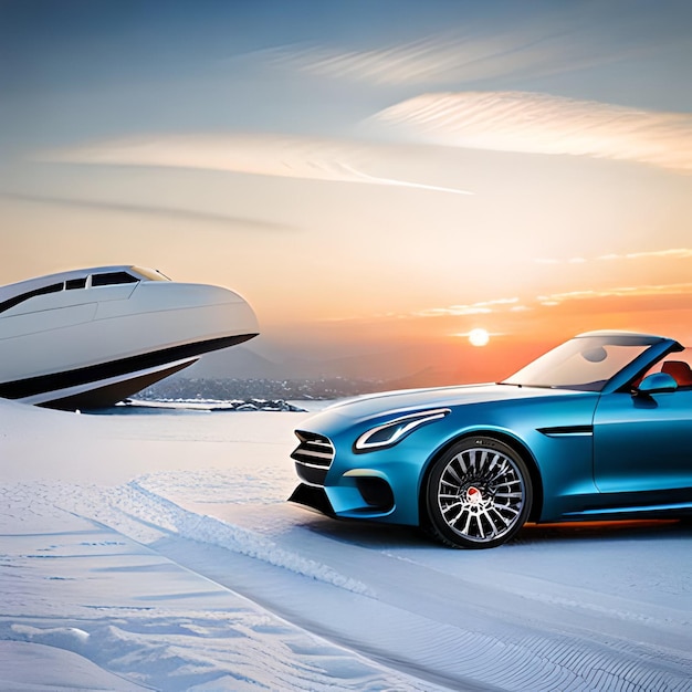 Une mercedes bleue - cabriolet benz est garée dans la neige.