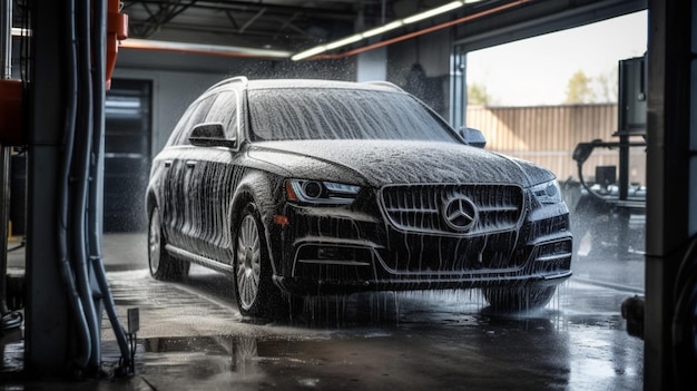 Une mercedes noire - voiture benz est lavée dans un garage.