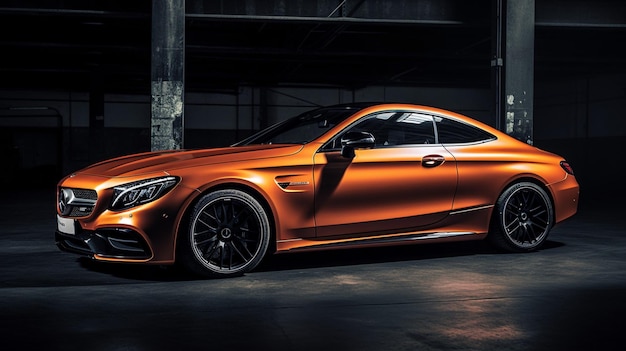 Une mercedes orange - coupé benz se trouve dans un garage sombre.