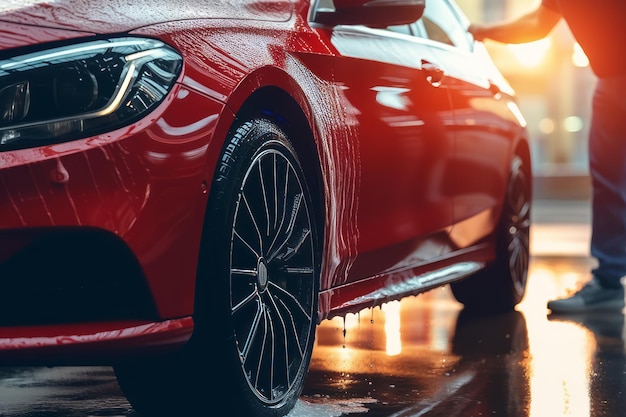 Une mercedes rouge - voiture benz est garée dans une flaque d'eau sur une route mouillée.