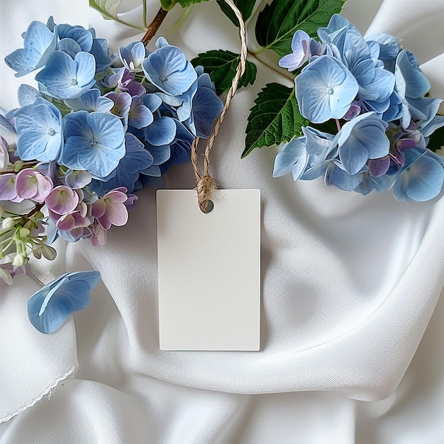 Photo merci étiquette cadeau maquette pour le mariage douche de mariée étiquette de faveur de mariage avec des fleurs d'hortensia bleue