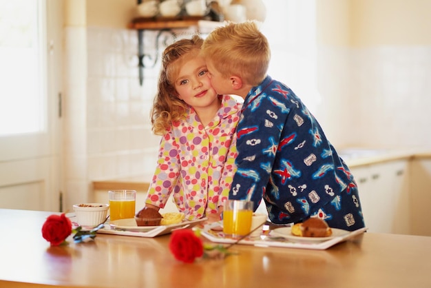 Merci petite soeur d'avoir aidé au petit-déjeuner Photo recadrée d'un petit garçon embrassant sa soeur sur la joue à la maison