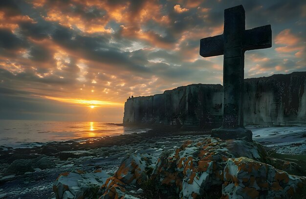 Le mercredi des cendres une croix située sur une falaise près de la mer le ciel du soir près du crépuscule est coloré et beau