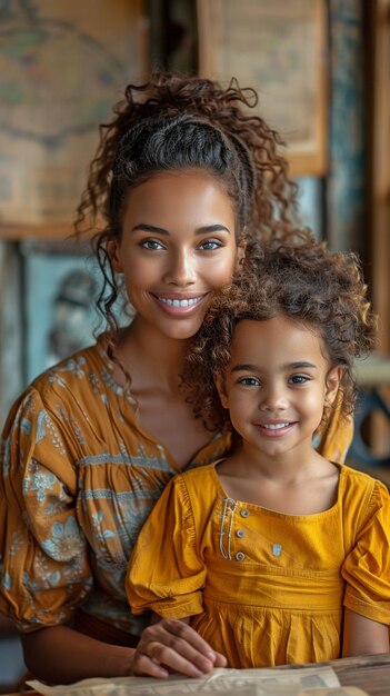 Mère adulte adorable et satisfaite qui unit ses enfants de races mixtes en enseignant l'Afrique adorable petite fille la fille choisit