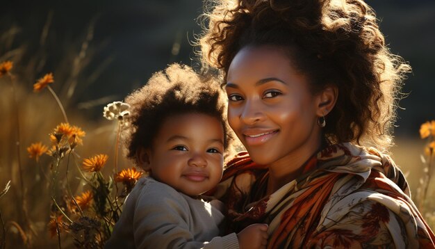 Photo une mère africaine étreint son enfant en souriant dans la nature au coucher du soleil pur bonheur généré par l'intelligence artificielle