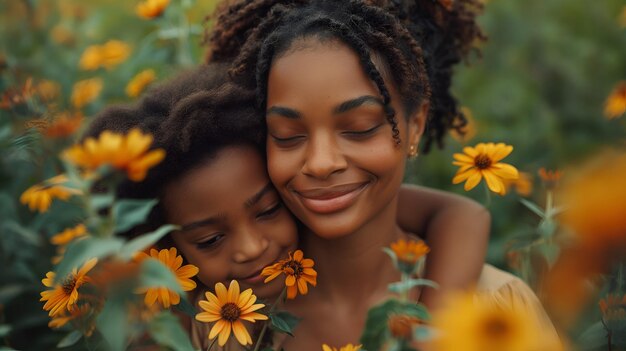 Une mère africaine heureuse avec son enfant dans un champ de tournesols La meilleure mère