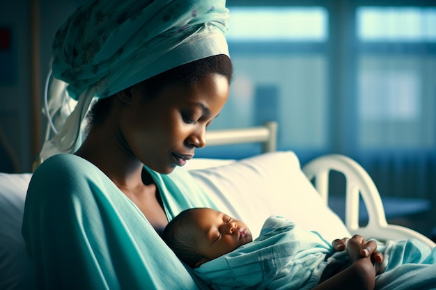 Mère africaine avec son nouveau-né dans un lit d'hôpital
