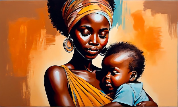 Mère africaine tenant son bébé dans un style de peinture à l'huile pour le concept d'amour maternel