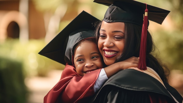 Une mère afro-américaine noire heureuse embrasse son fils étudiant dans un chapeau de diplômé près d'un institut d'éducation.