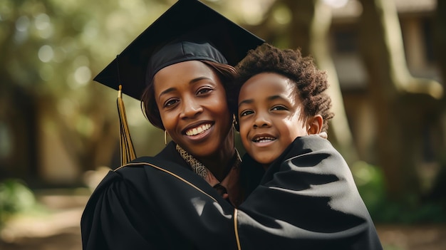 Une mère afro-américaine noire heureuse embrasse son fils étudiant dans un chapeau de diplômé près d'un institut d'éducation.