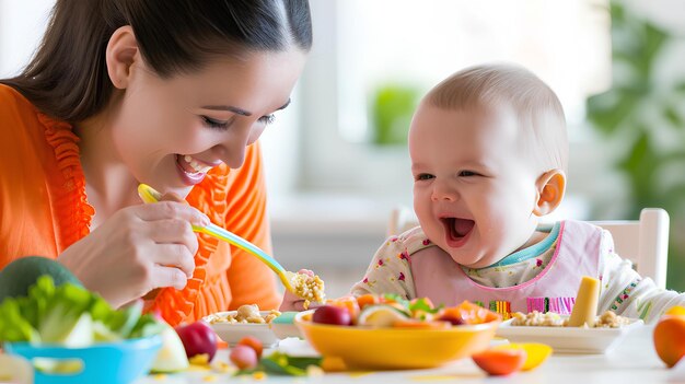 Une mère aide un bébé à manger sa nourriture