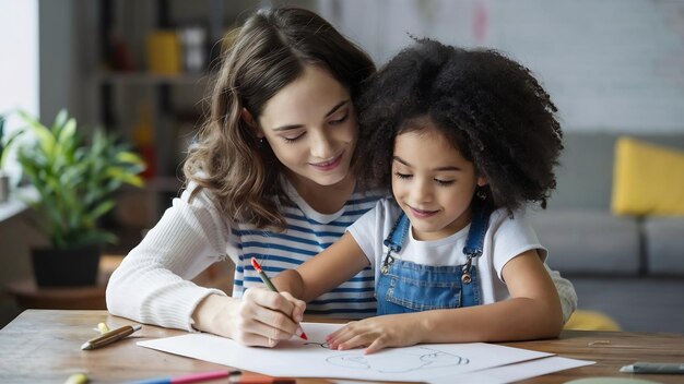 Une mère aide sa fille à dessiner.