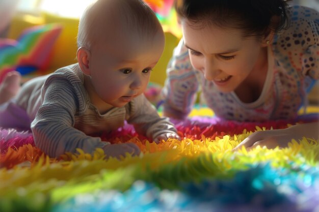 Photo la mère aide son bébé à explorer l'arc-en-ciel sensoriel du bébé