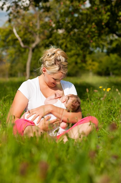 Mère, allaiter bébé, sur, pré