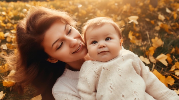 Mère allongée avec bébé sur des feuilles d'automne jaunes Generative AI
