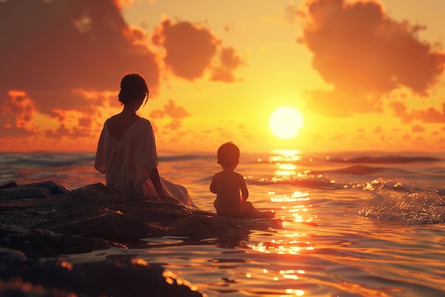 Mère et bébé admirent la beauté du coucher de soleil