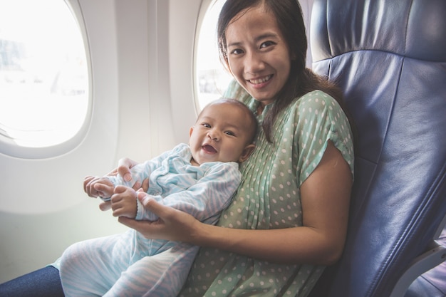 Mère et bébé assis ensemble dans l'avion