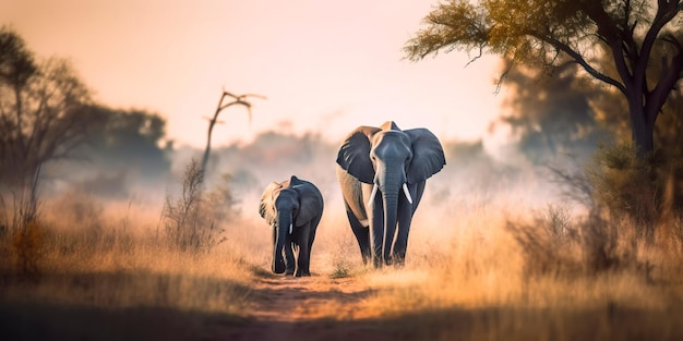 Mère et bébé éléphant marchant dans une savane avec un lever de soleil et des acacias en arrière-plan Generative AI