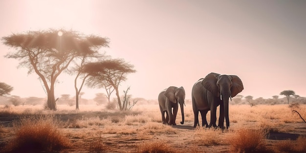 Mère et bébé éléphant marchant dans une savane avec un lever de soleil et des acacias en arrière-plan Generative AI