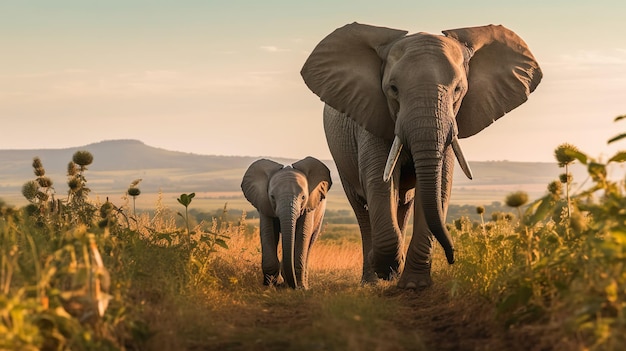 Photo une mère et un bébé éléphant marchent dans la savane.