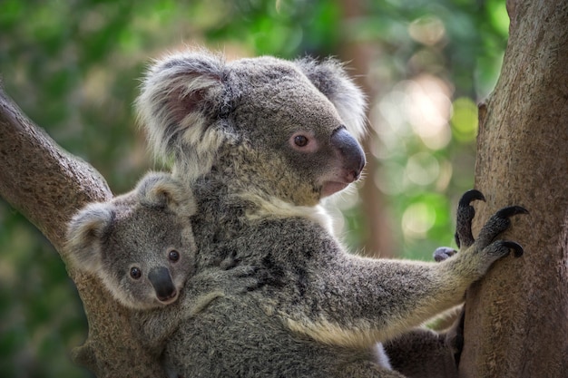 Mère et bébé koala sur un arbre dans une atmosphère naturelle.